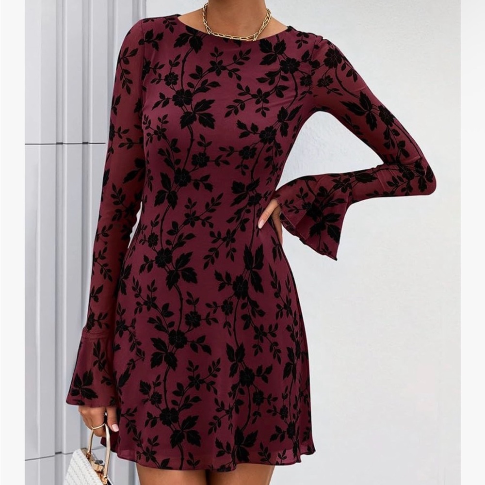 Burgundy Floral Burnout Long-Sleeve Mini Dress